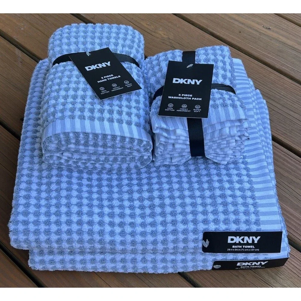 DKNY 2 Bath & 2 Hand Towels & 4 Washcloths Gingham Monet Tile Blue Check 8 Piece